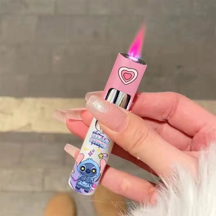 Compact Round Push Lighter Pink Flame