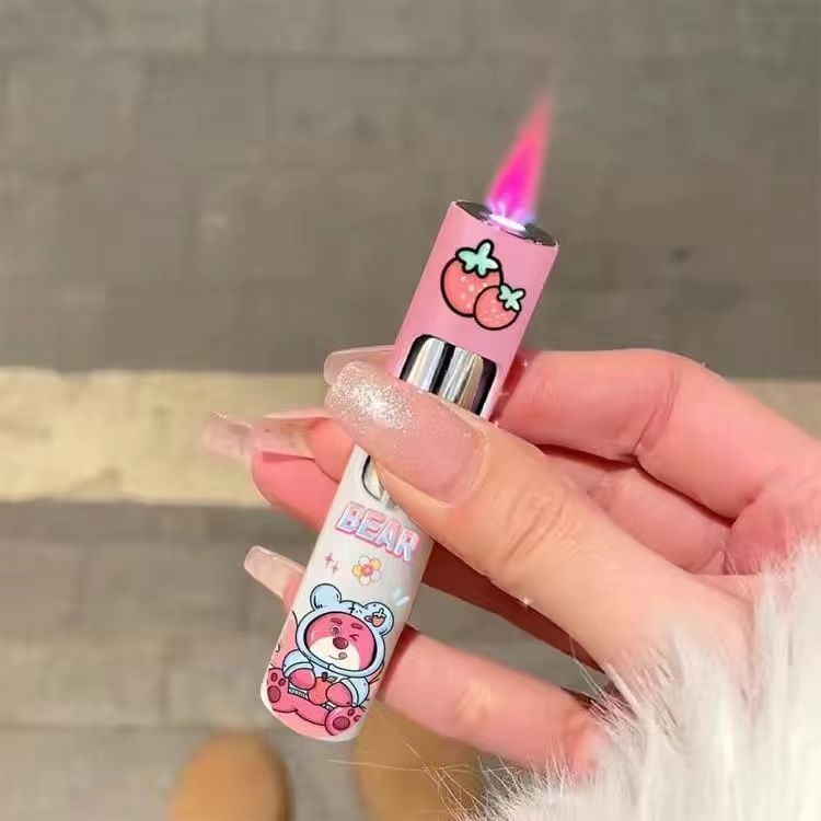 Compact Round Push Lighter Pink Flame