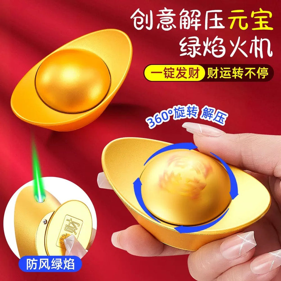Simulated gold ingot windproof green flame 360-degree rotating lighter