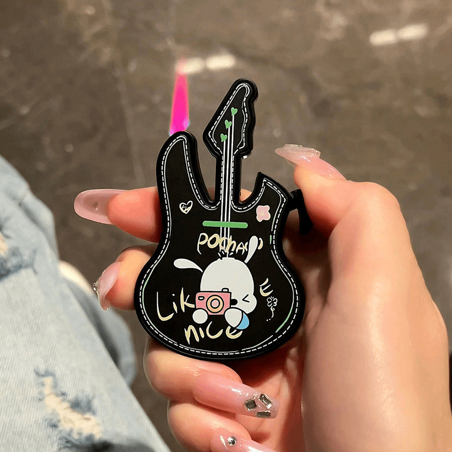 Cute cartoon small guitar shape windproof red flame lighter